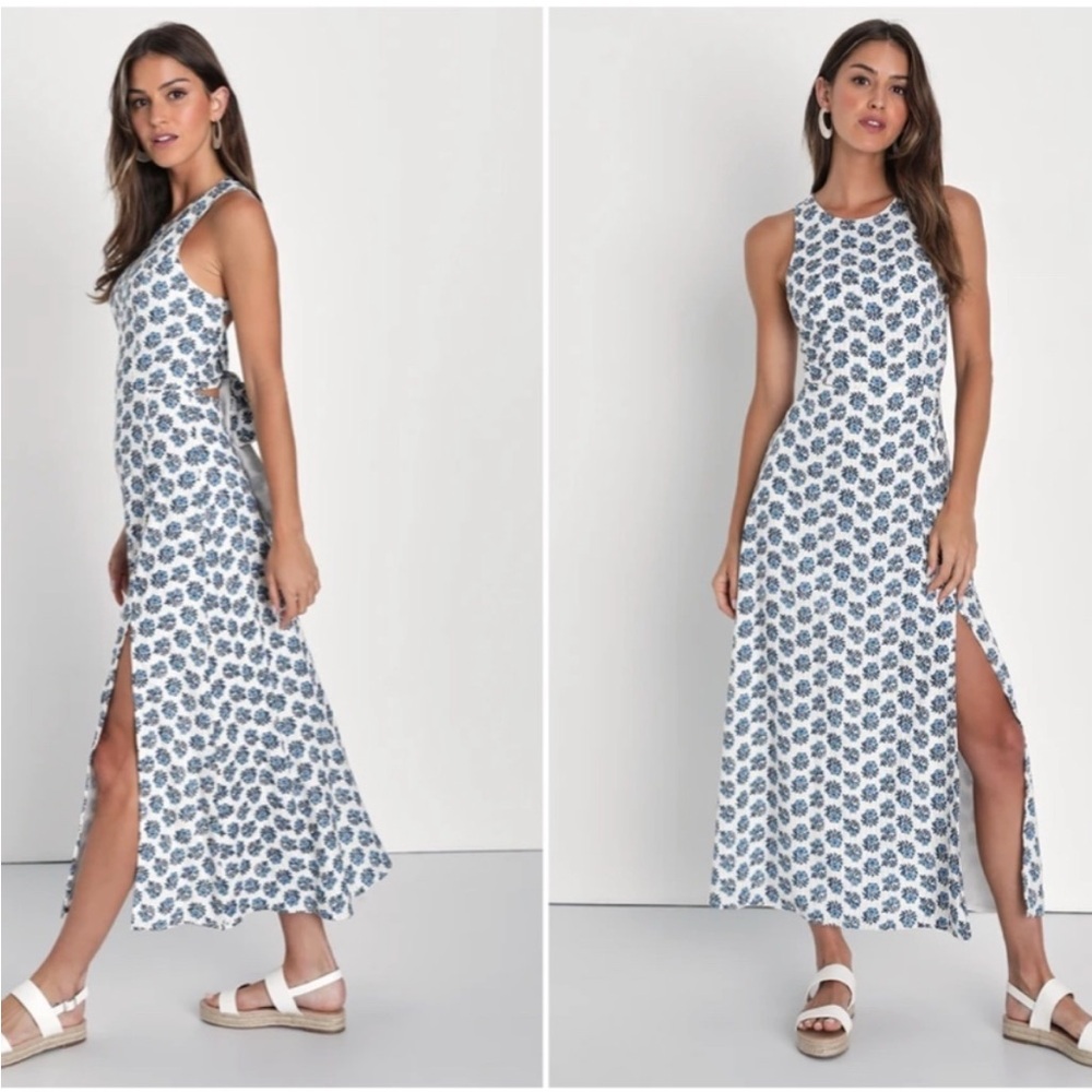 Flirty Fave Ivory Floral Print Tie-Back Midi Dress